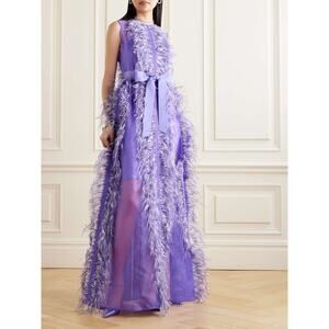 HUISHAN ZHANG Women's Purple 100% Silk Beau Feather Trim Maxi Gown Size US 6